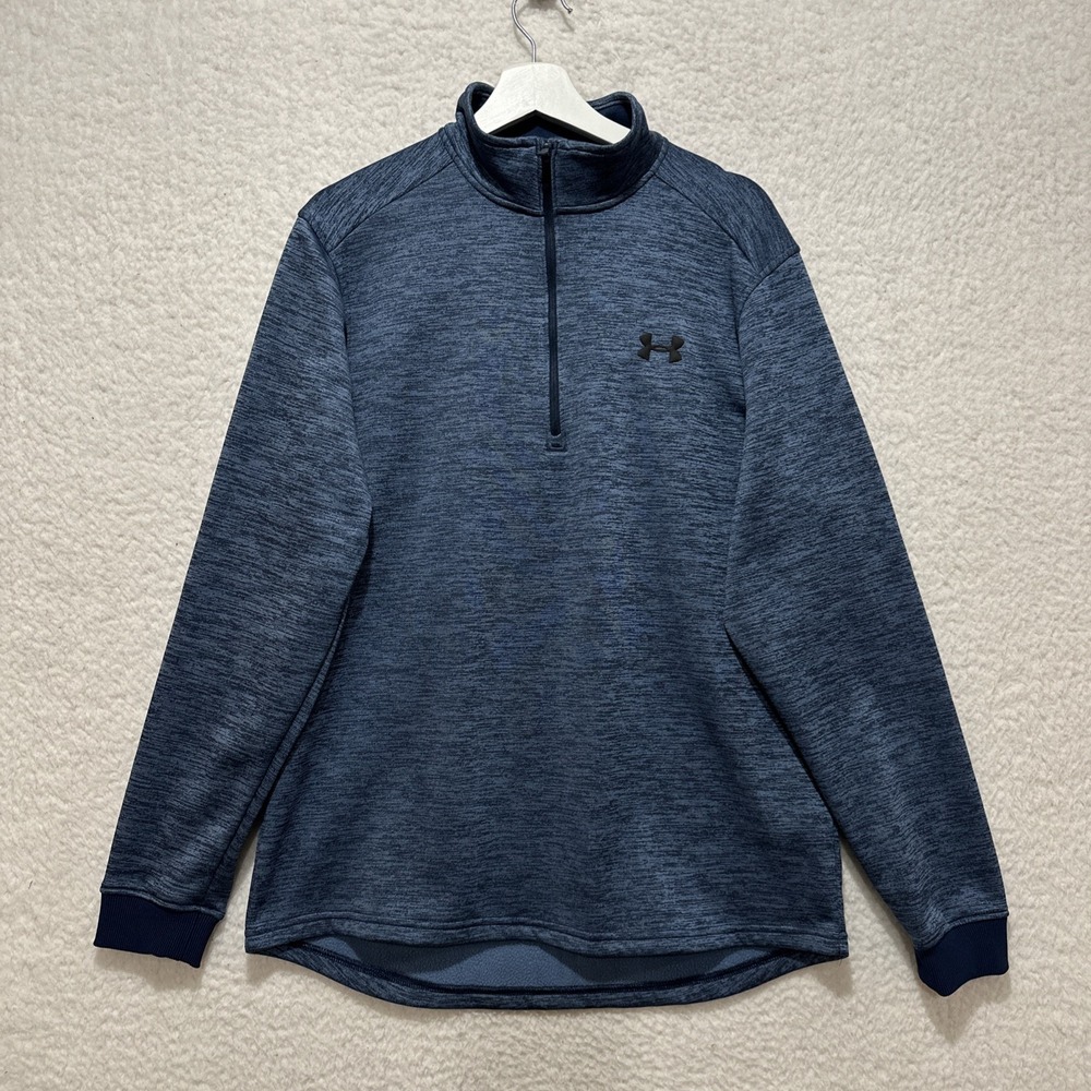 Under Armour Sweater Mens Medium Blue Heathered Quarter Zip Loose Coldgear Sz LG